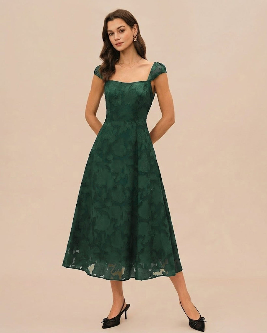 Morgan and Brooke | Jacquard Cap Sleeve Midi Dress, Green