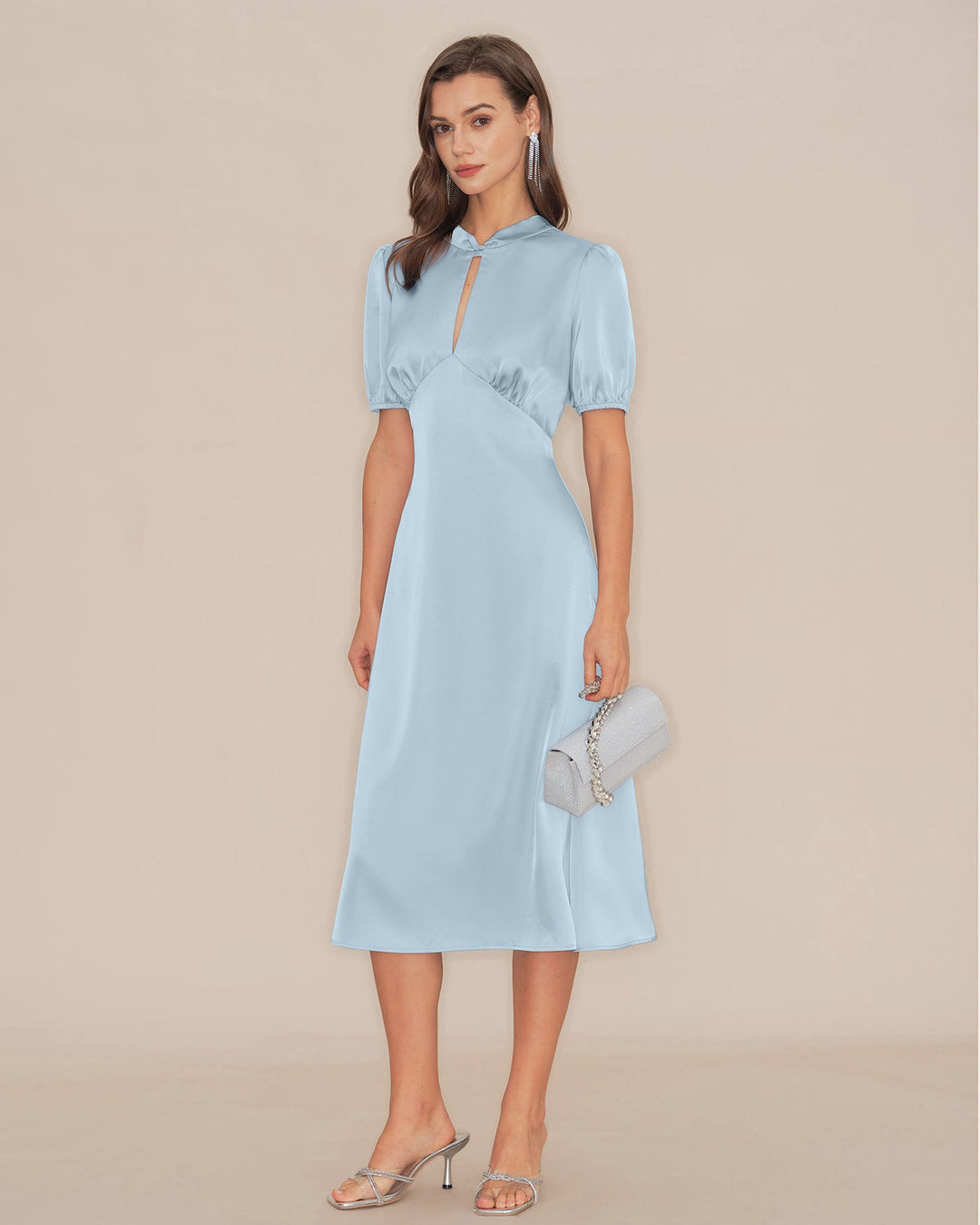Morgan and Brooke | Satin Backless Midi Dress for Women in Blue with Puffed Sleeves