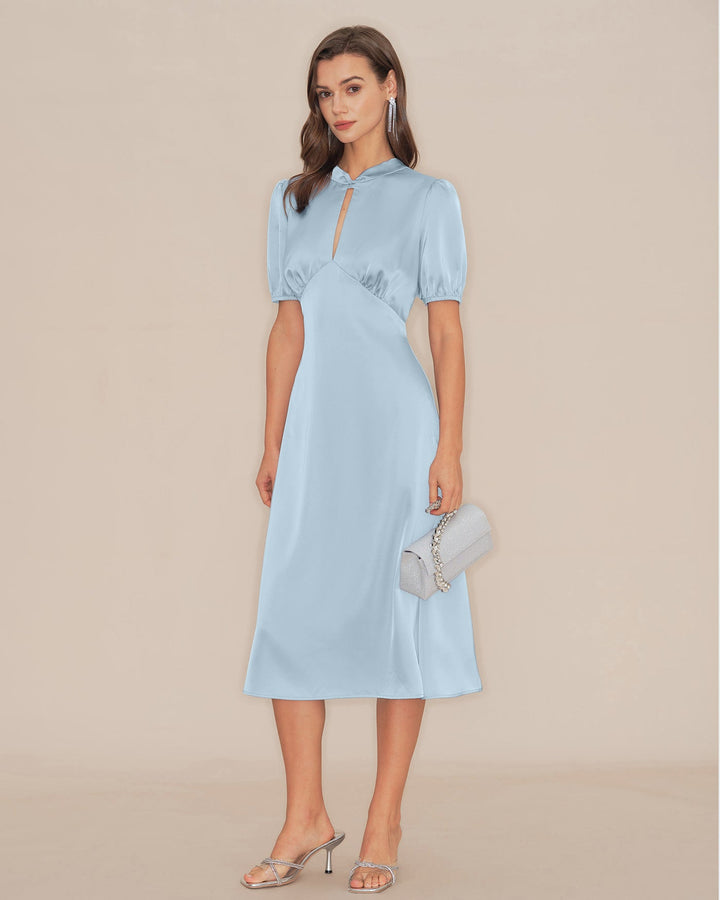 Morgan and Brooke | Satin Backless Midi Dress for Women in Blue with Puffed Sleeves