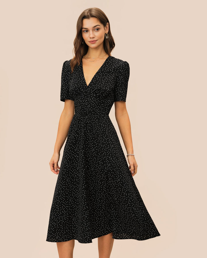 Morgan and Brooke | V Neck Polka Dot Midi Dress for Women in Black