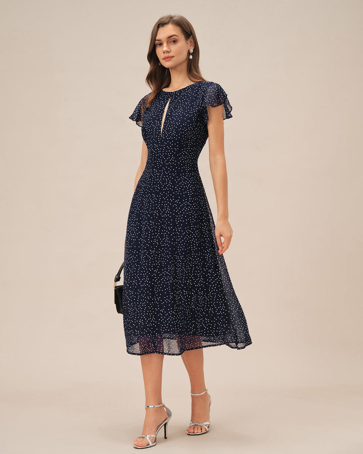 Morgan and Brooke | Polka Dot Midi Dress for Women in Blue