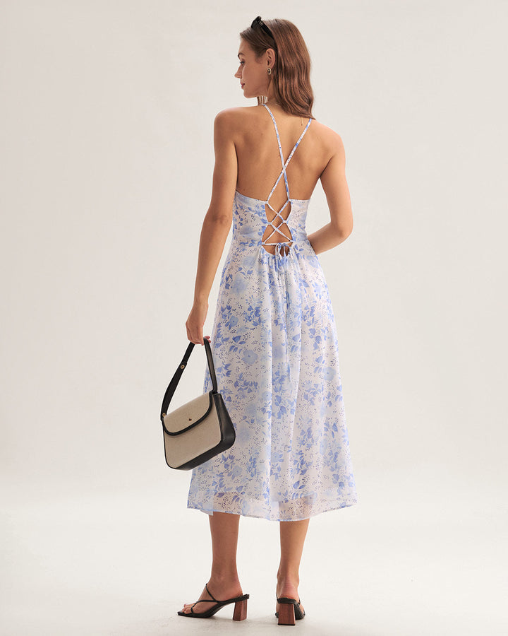 Morgan and Brooke | Floral Halter Midi Dress in Blue