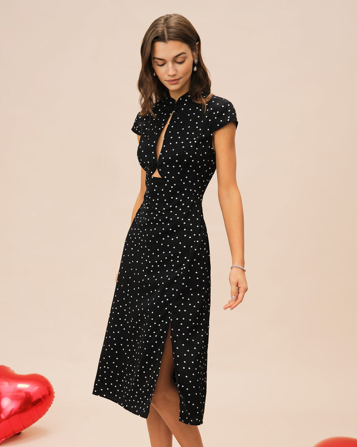 Morgan and Brooke | Black Polka Dot Midi Dress with Mandarin Collar