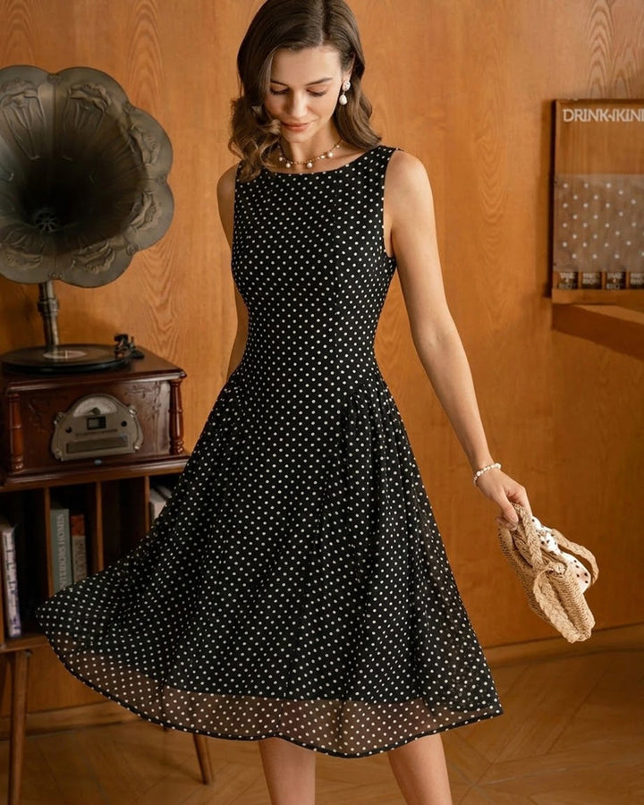 Morgan and Brooke | Chiffon Midi Dress for Women in Black Polka Dot