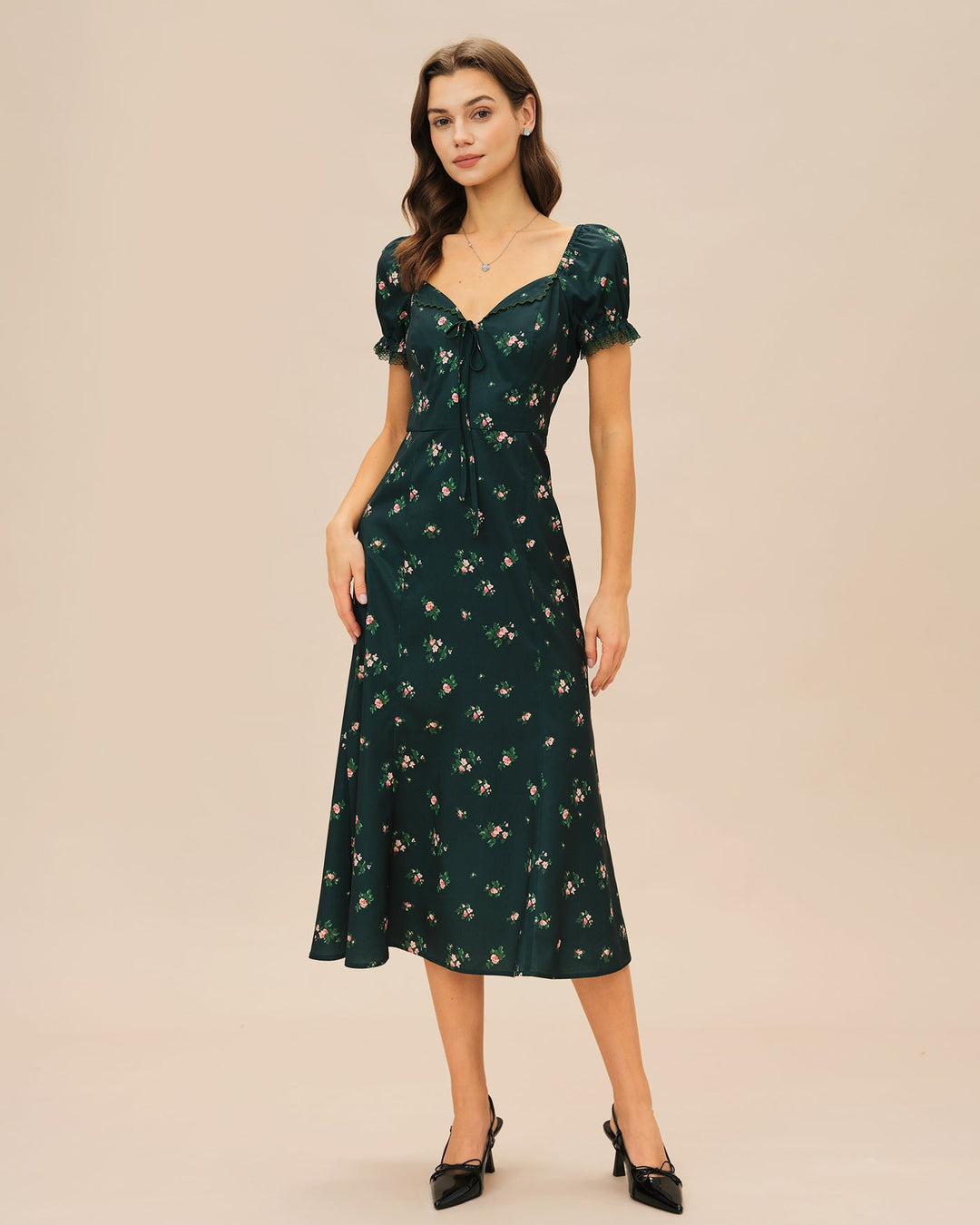 Morgan and Brooke | Floral Midi Dress for Women in Green with Puffed Sleeves