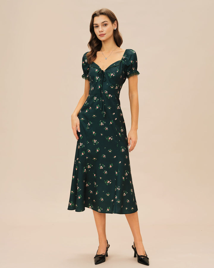 Morgan and Brooke | Floral Midi Dress for Women in Green with Puffed Sleeves