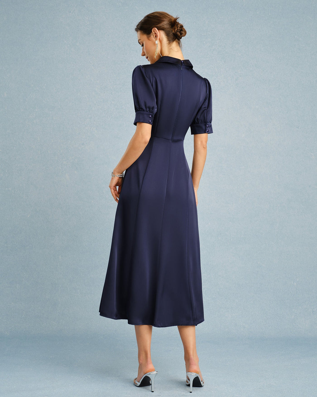 Morgan and Brooke | Satin Midi Dress for Women in Navy with Puffed Sleeves