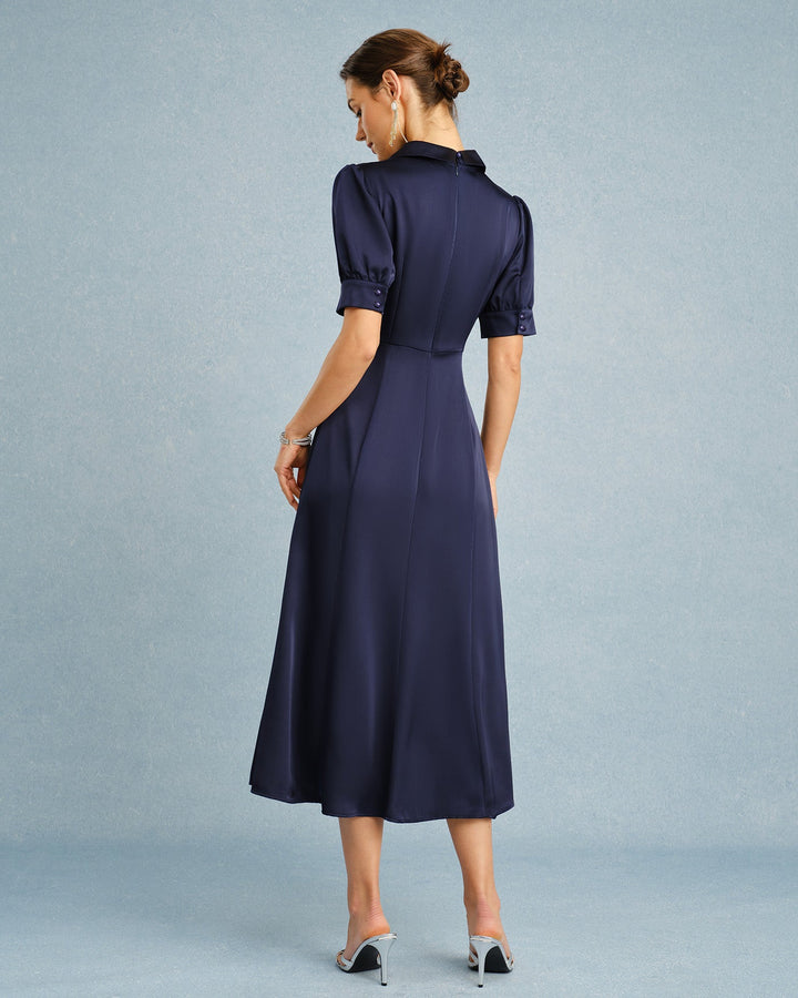 Morgan and Brooke | Satin Midi Dress for Women in Navy with Puffed Sleeves