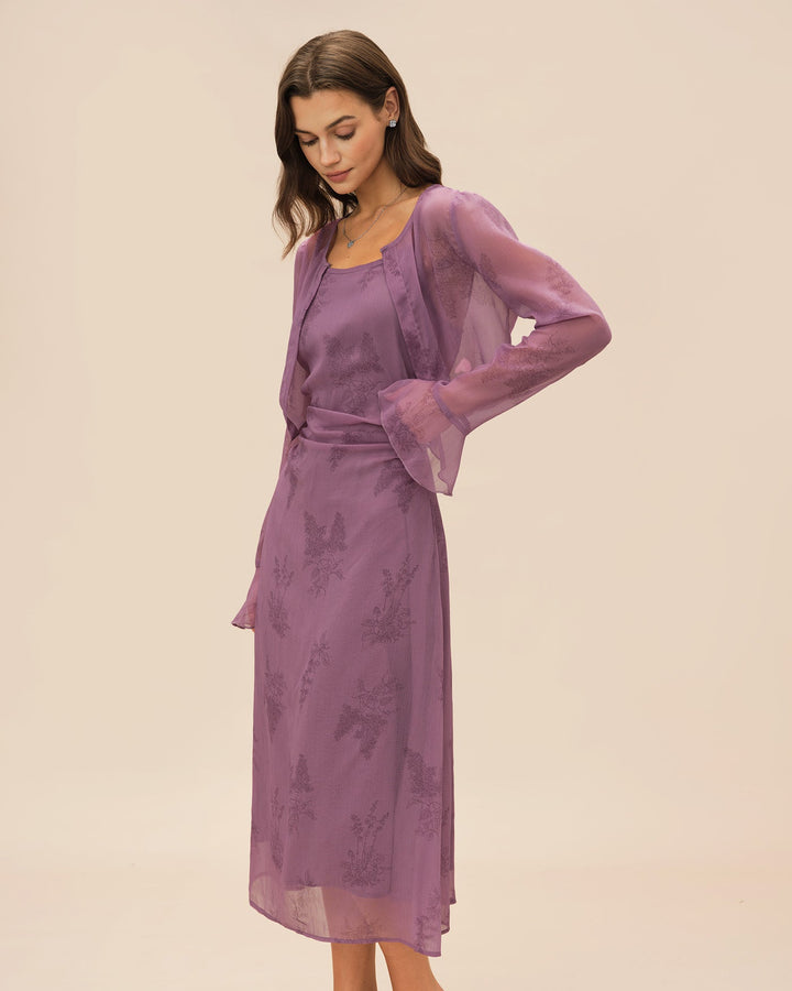 Morgan and Brooke | Floral Ruched Slip Midi Dress for Women in Purple
