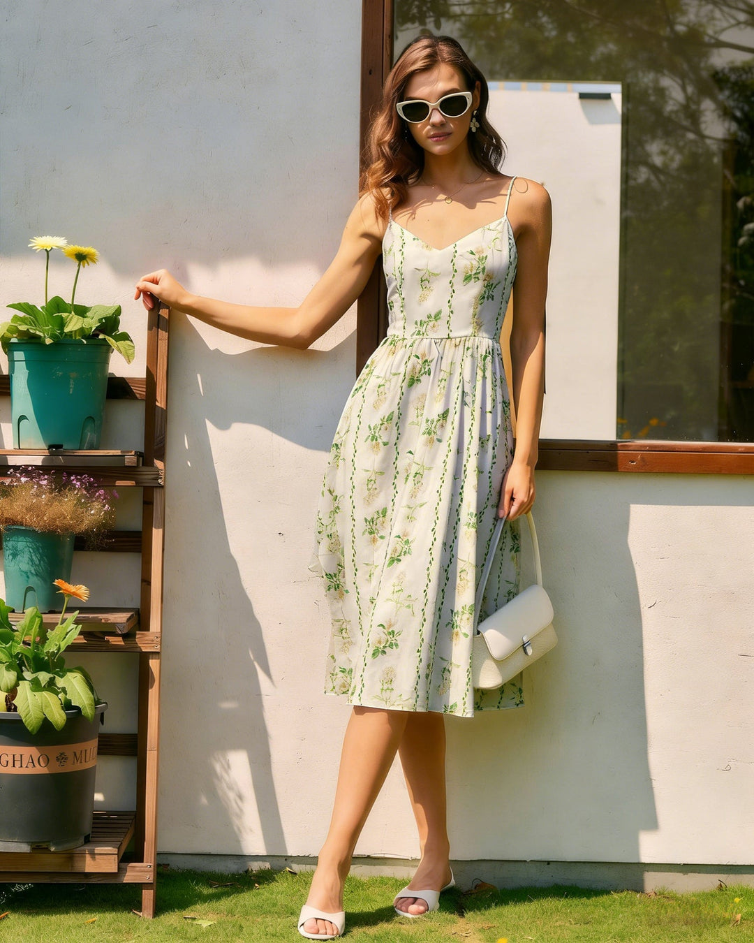 Morgan and Brooke | Floral Tie Strap Midi Dress for Women in Apricot