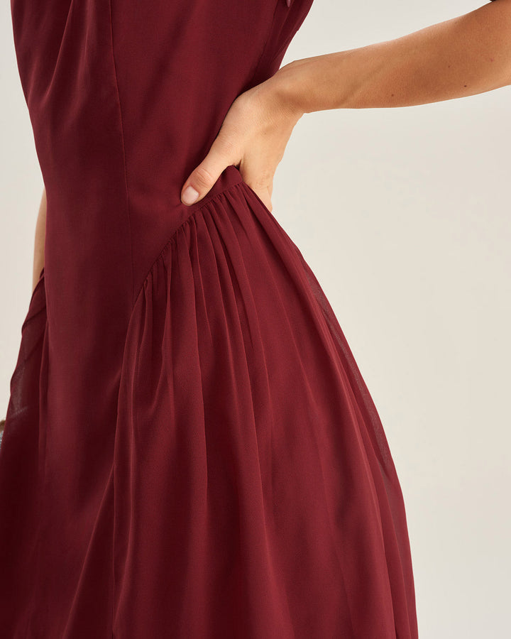 Morgan and Brooke | Chiffon Sleeveless Midi Dress in Wine Red