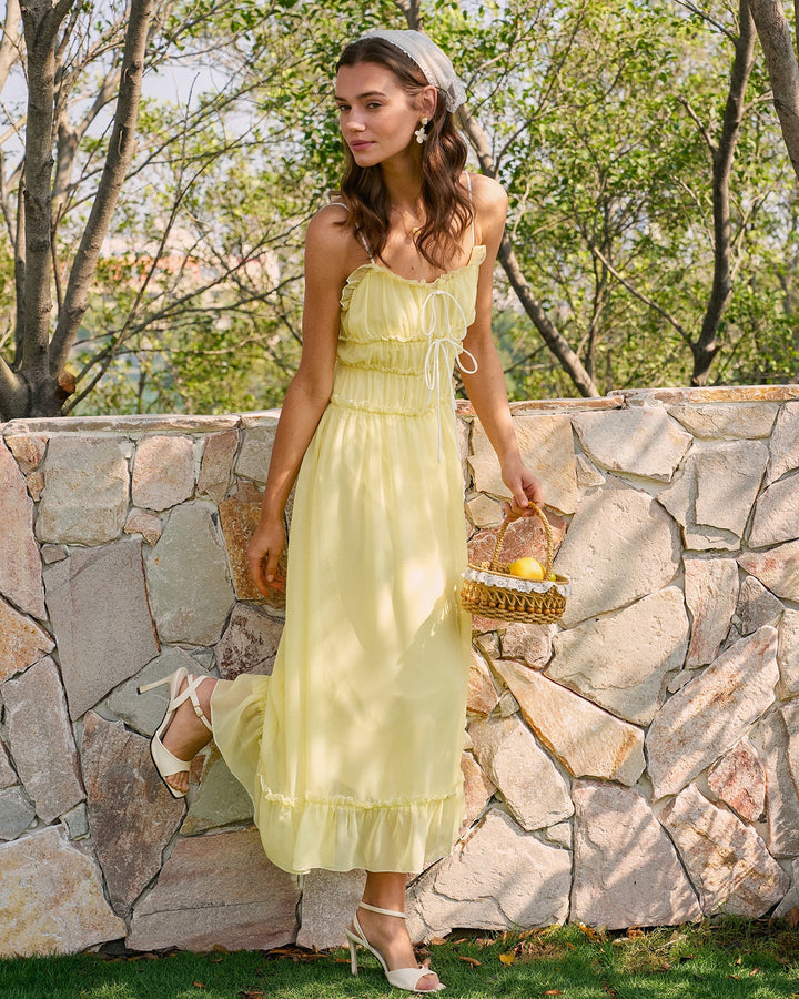 Morgan and Brooke | Yellow Sweetheart Neck Ruffle Midi Dress