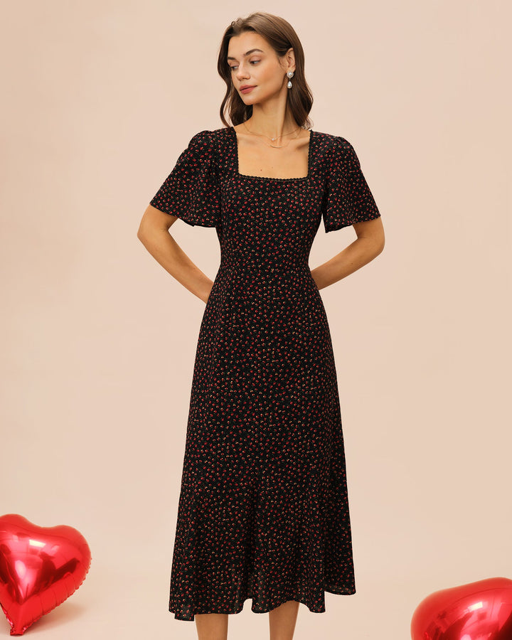Morgan and Brooke | Black Floral Midi Dress with Square Neck and Butterfly Sleeves