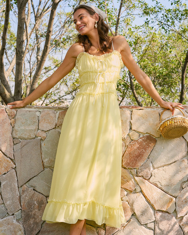 Morgan and Brooke | Yellow Sweetheart Neck Ruffle Midi Dress