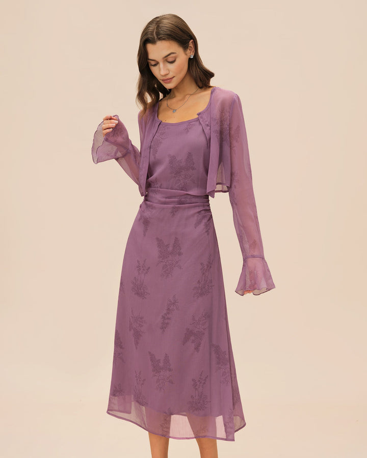 Morgan and Brooke | Floral Ruched Slip Midi Dress for Women in Purple