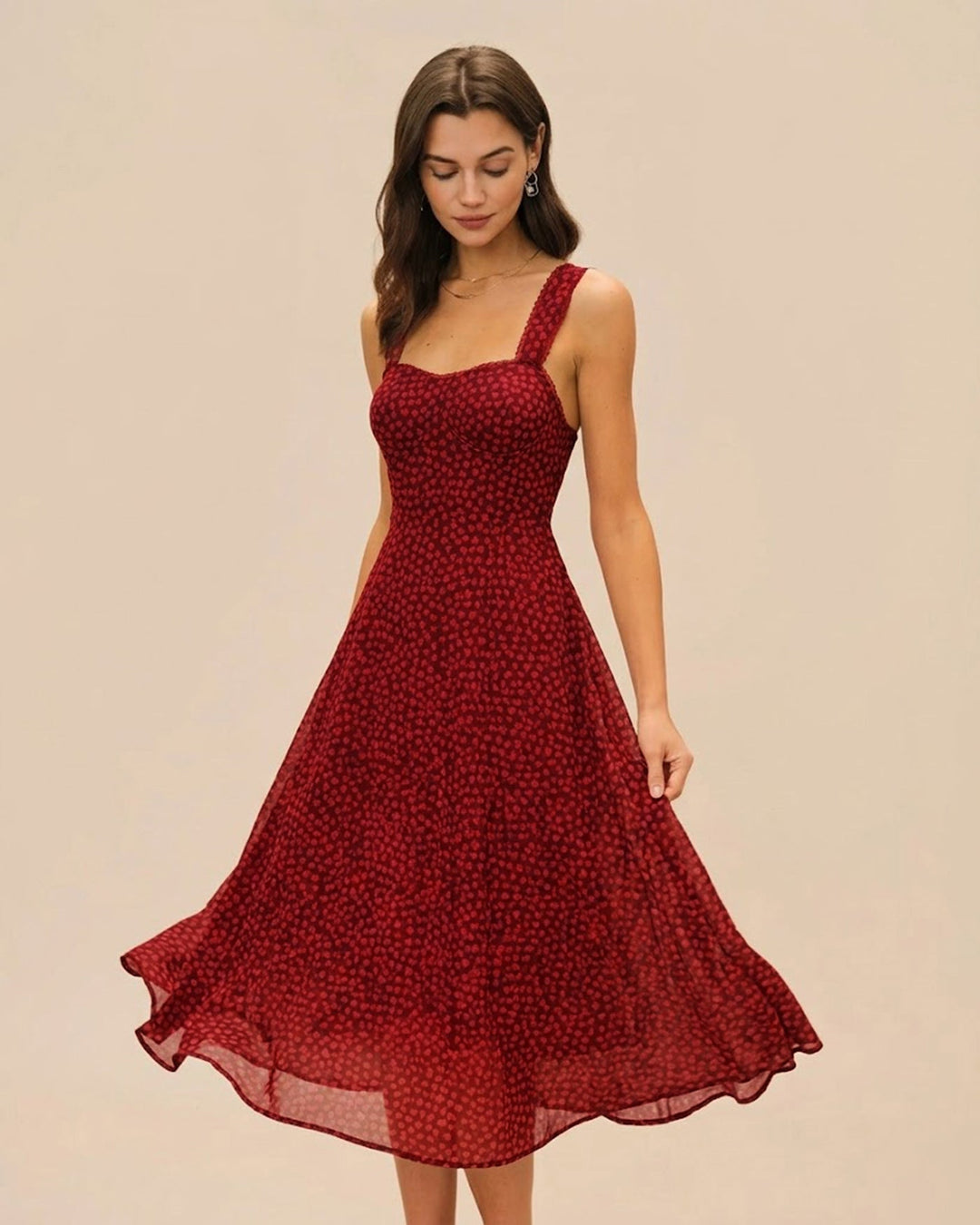 Morgan and Brooke | Floral Midi Dress for Women in Red with Sweetheart Neck