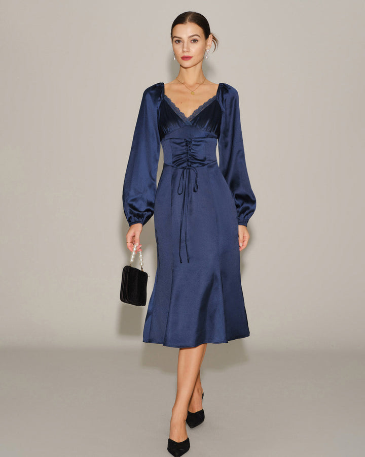 Morgan and Brooke | Navy Satin V Neck Ruched Midi Dress