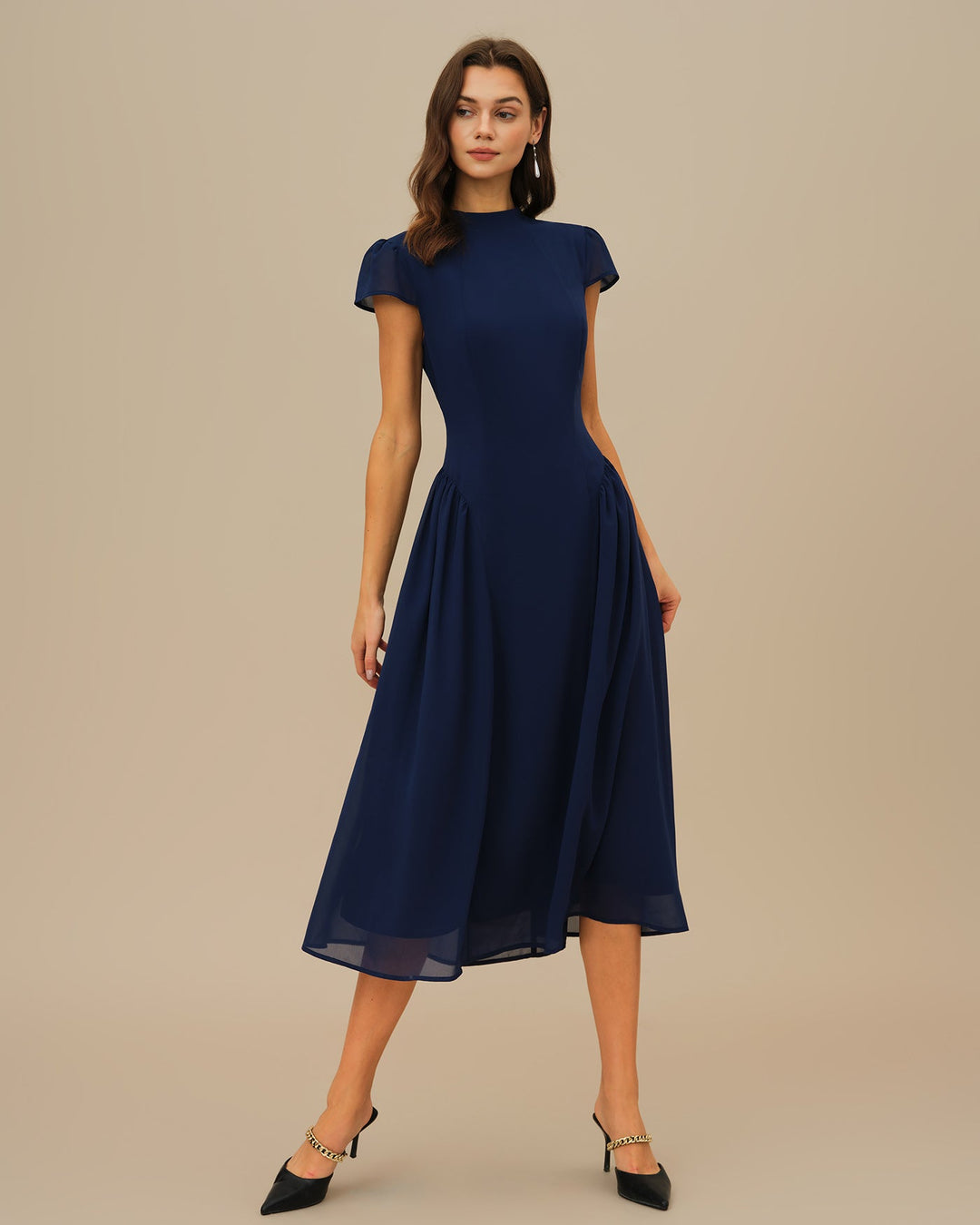 Morgan and Brooke | Puffed Sleeve Midi Dress for Women in Blue