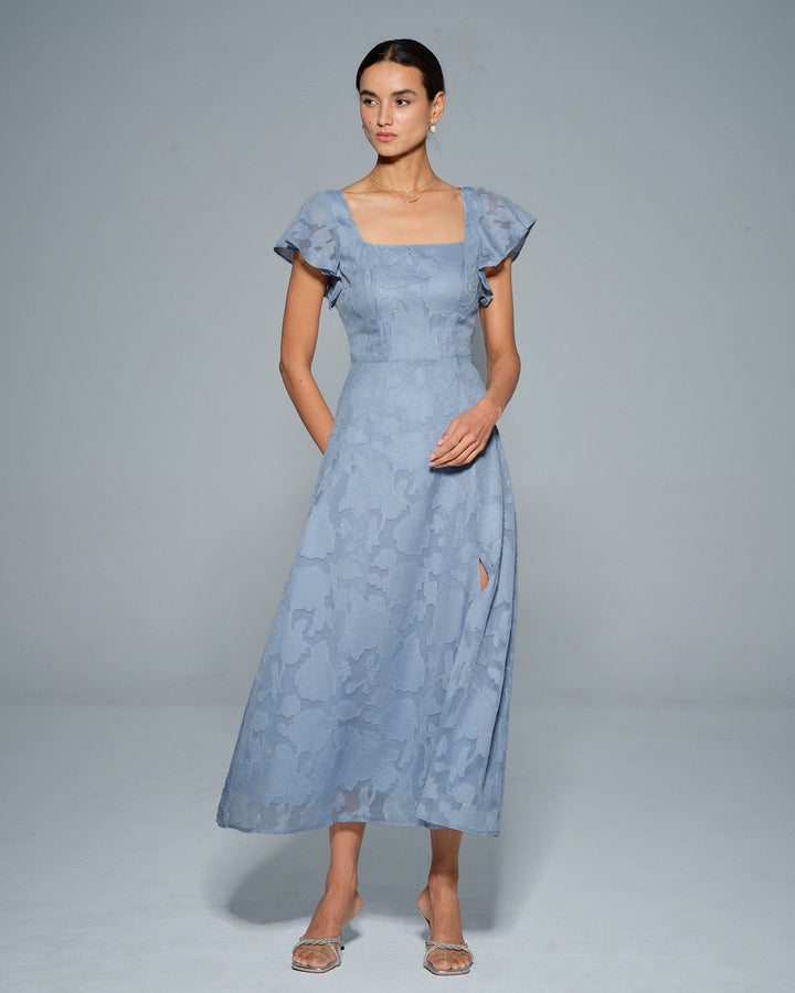 Morgan and Brooke | Floral Square Neck Midi Dress in Blue