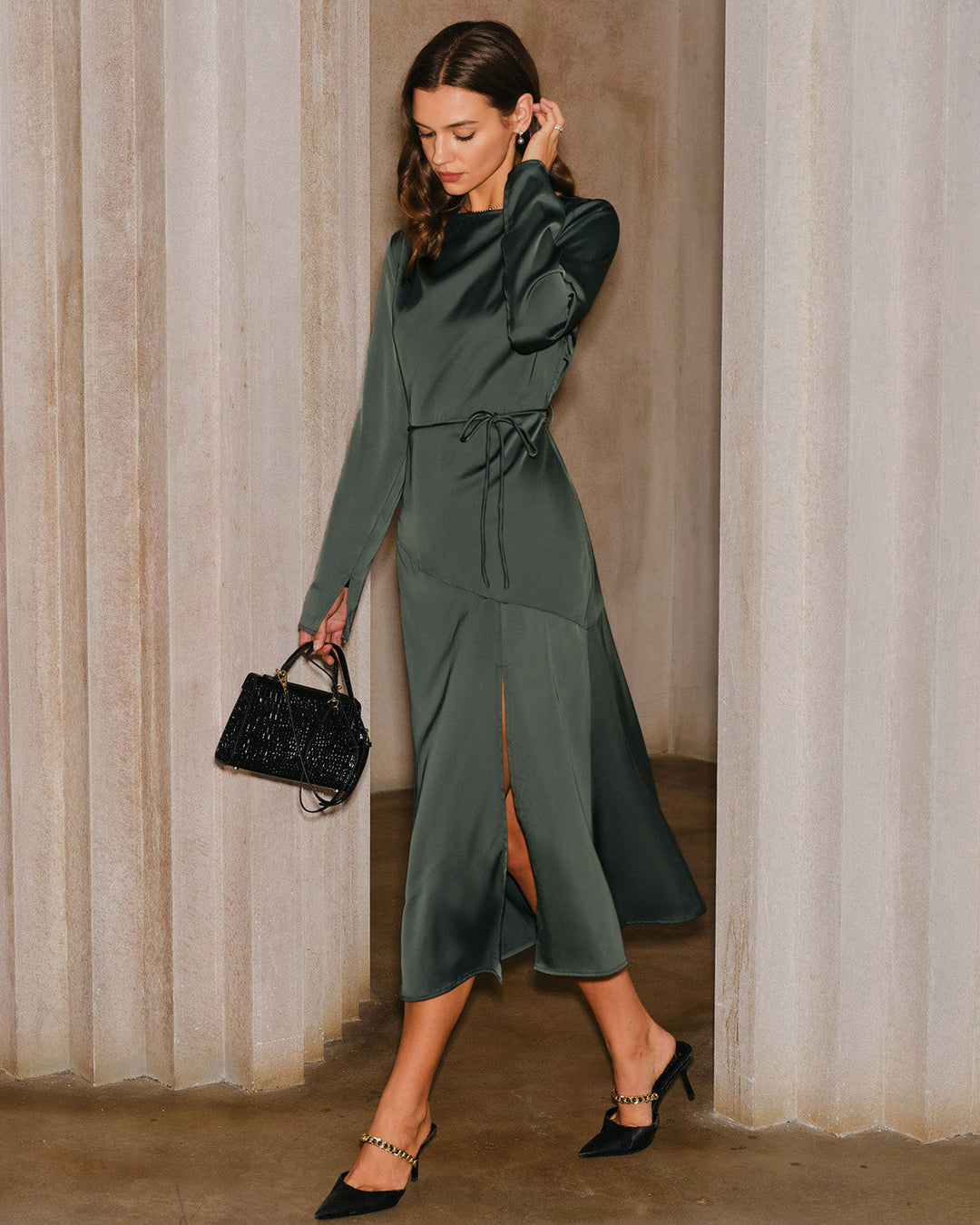 Morgan and Brooke | Satin Cowl Neck Slit Midi Dress in Green