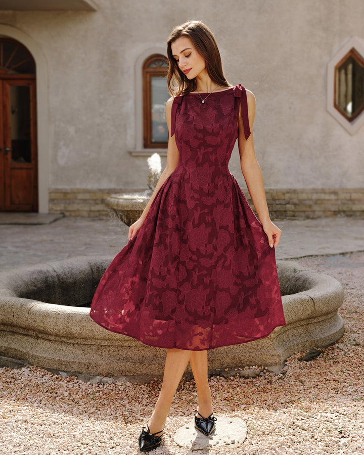 Morgan and Brooke | Jacquard Chiffon Midi Dress for Women in Red