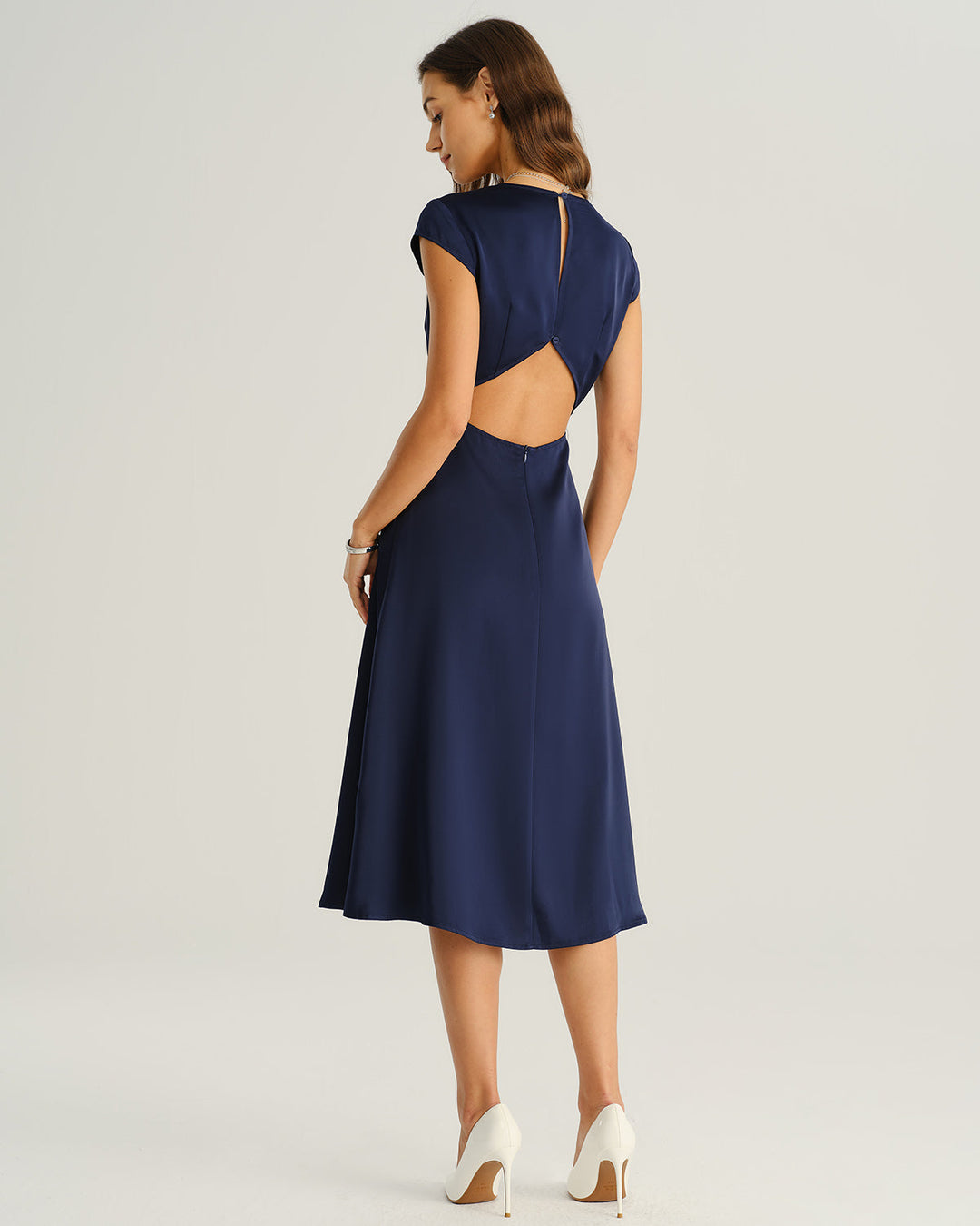 Morgan and Brooke | Navy Satin Midi Dress with Cut Out Slit