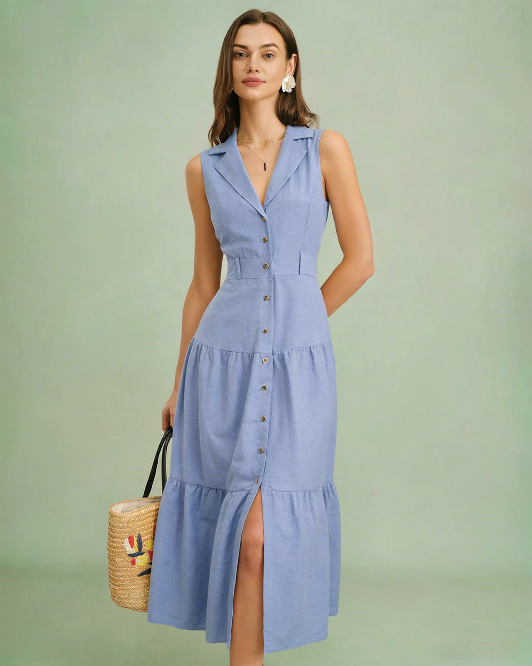 Morgan and Brooke | V Neck Button Midi Dress for Women in Blue
