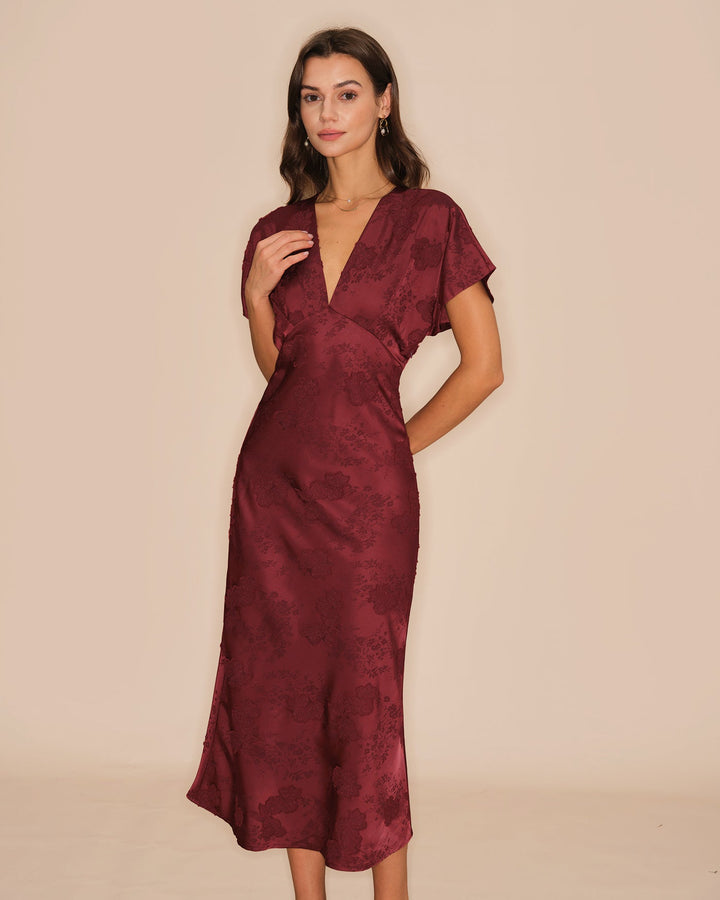 Morgan and Brooke | V Neck Jacquard Midi Dress in Wine Red