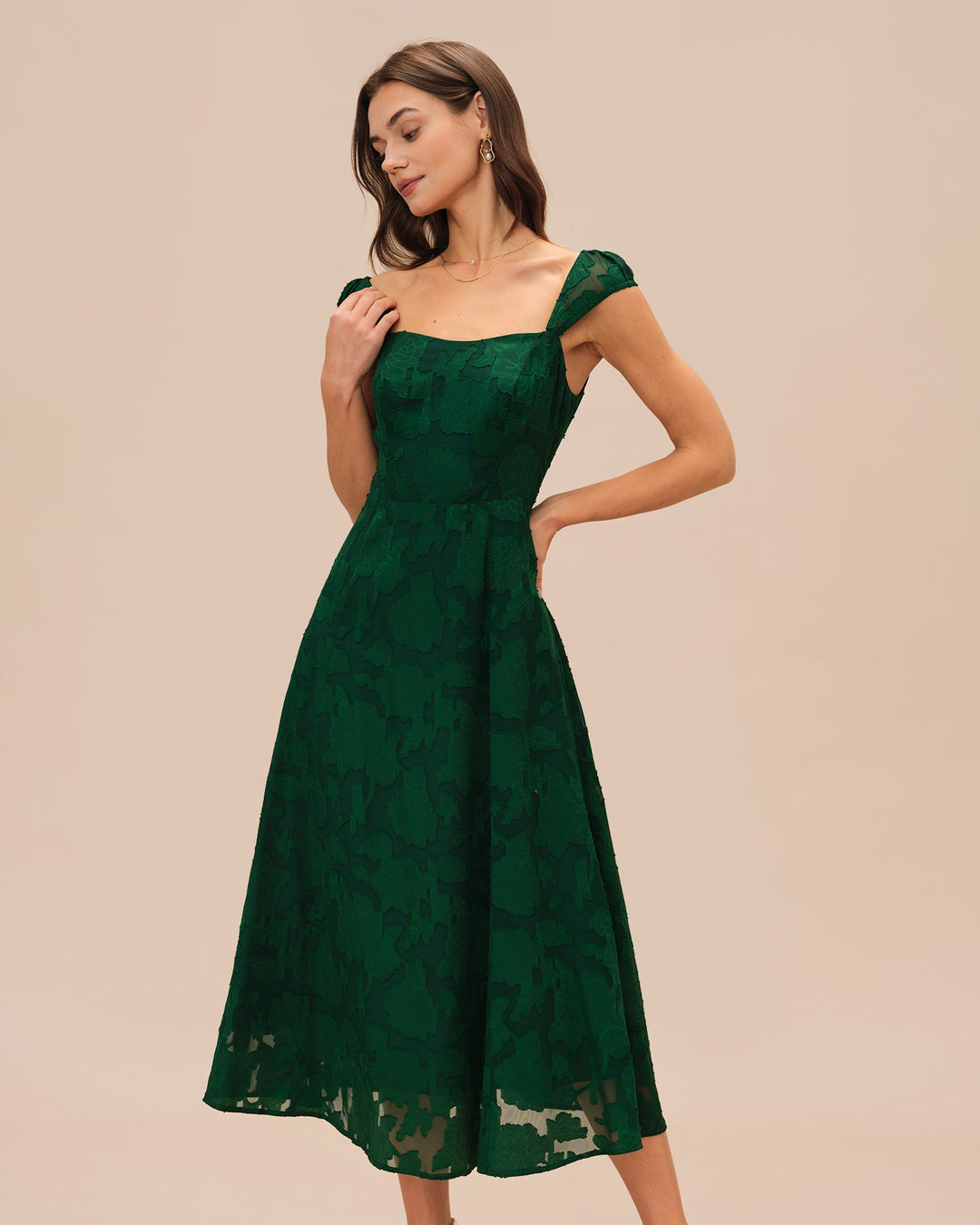 Morgan and Brooke | Jacquard Cap Sleeve Midi Dress, Green