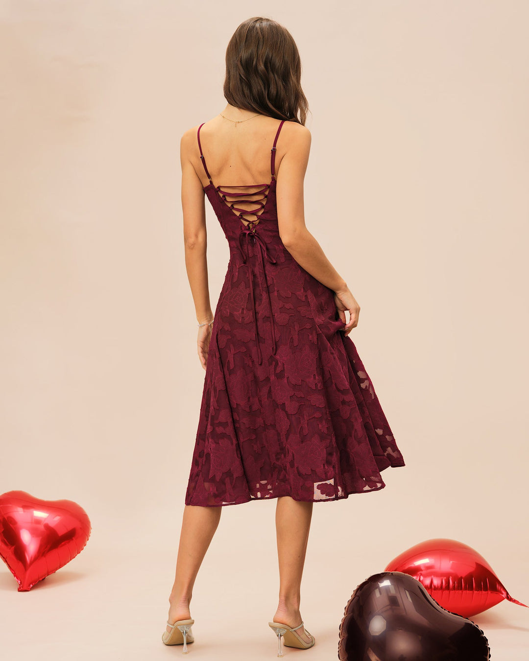 Morgan and Brooke | Wine Red Jacquard Slip Midi Dress
