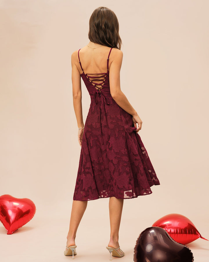 Morgan and Brooke | Wine Red Jacquard Slip Midi Dress