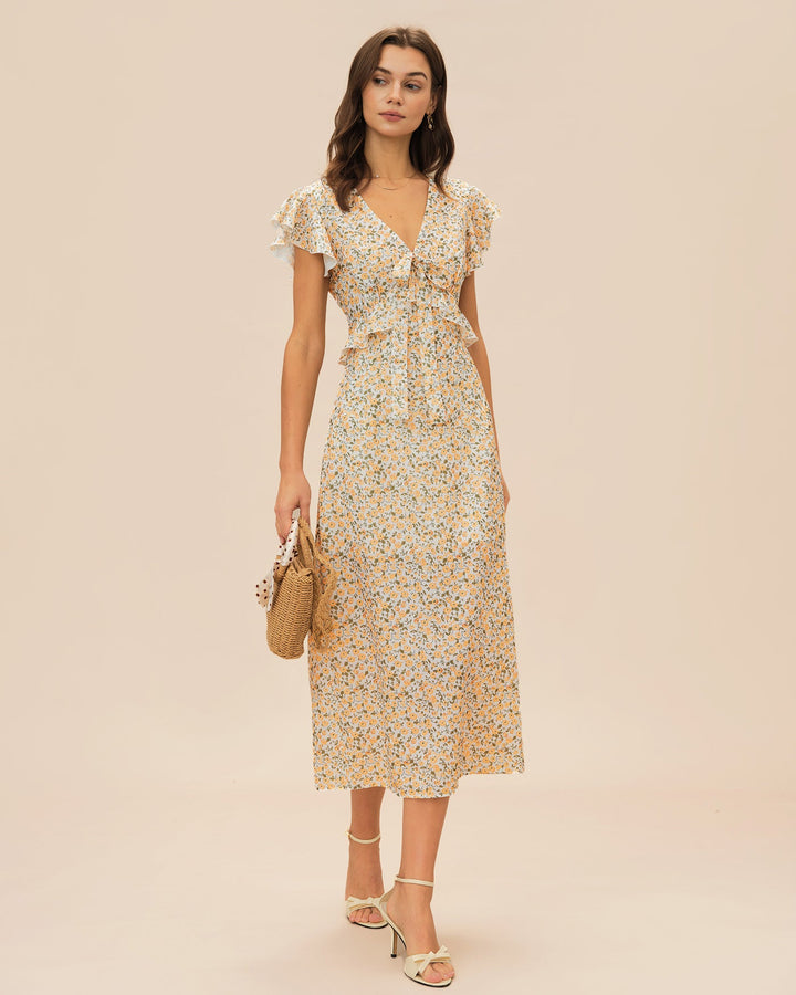 Morgan and Brooke | Yellow Floral Ruffle Midi Dress
