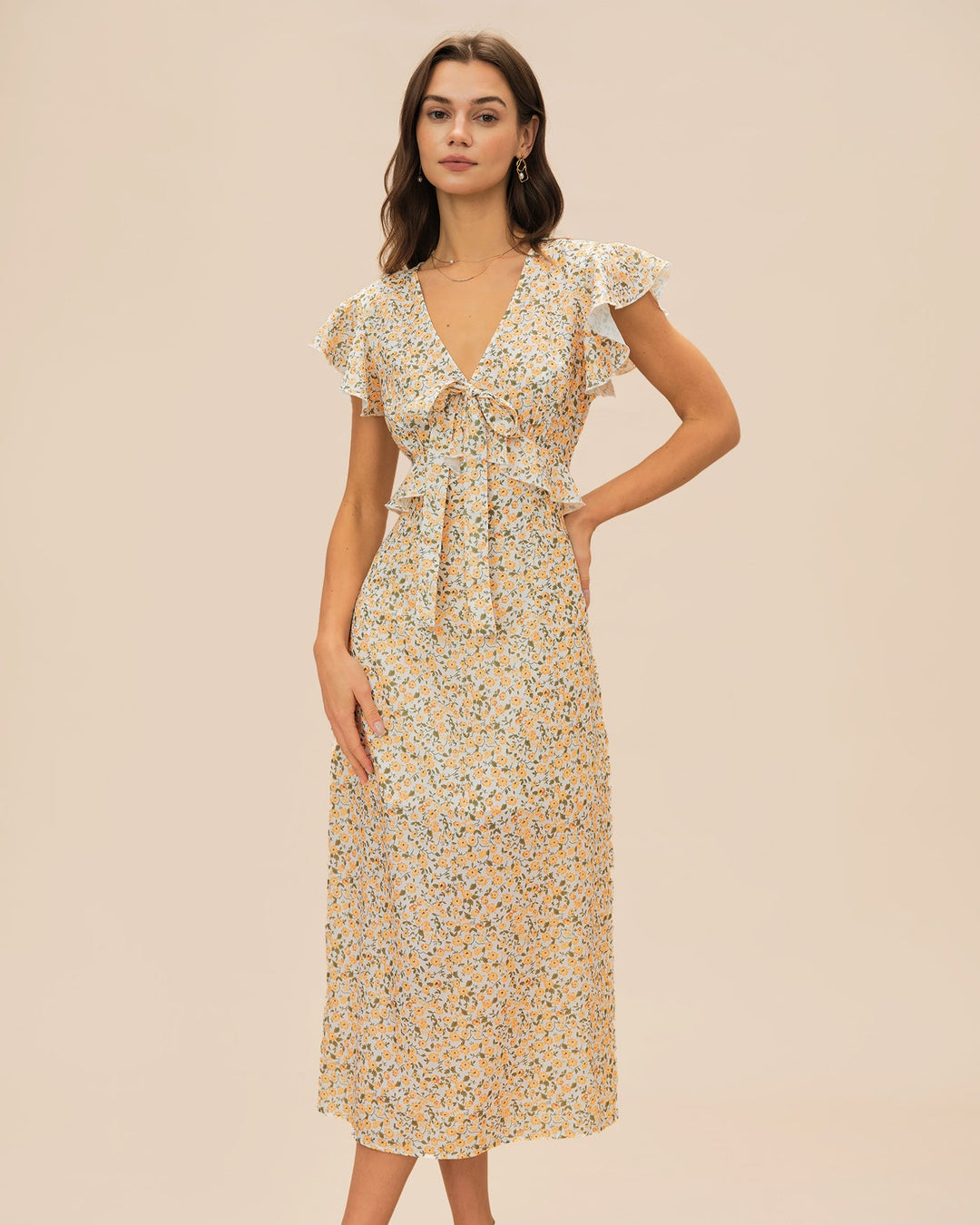 Morgan and Brooke | Yellow Floral Ruffle Midi Dress