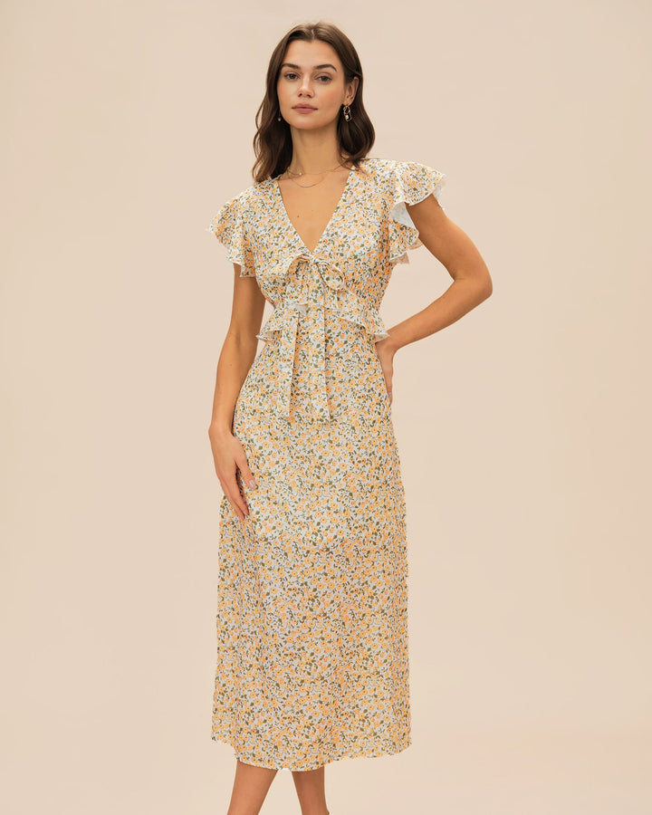 Morgan and Brooke | Yellow Floral Ruffle Midi Dress