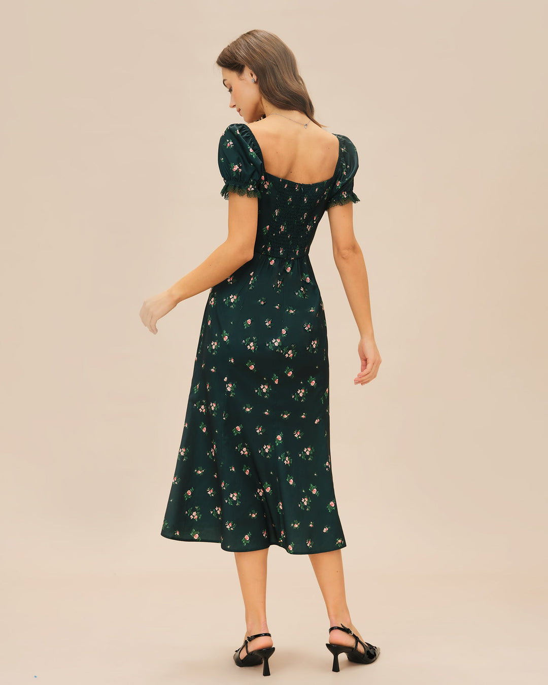 Morgan and Brooke | Floral Midi Dress for Women in Green with Puffed Sleeves