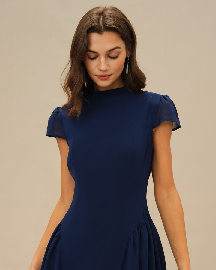 Morgan and Brooke | Puffed Sleeve Midi Dress for Women in Blue