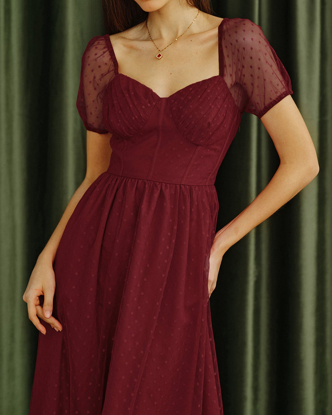 Morgan and Brooke | Sweetheart Neck Polka Dot Midi Dress in Red