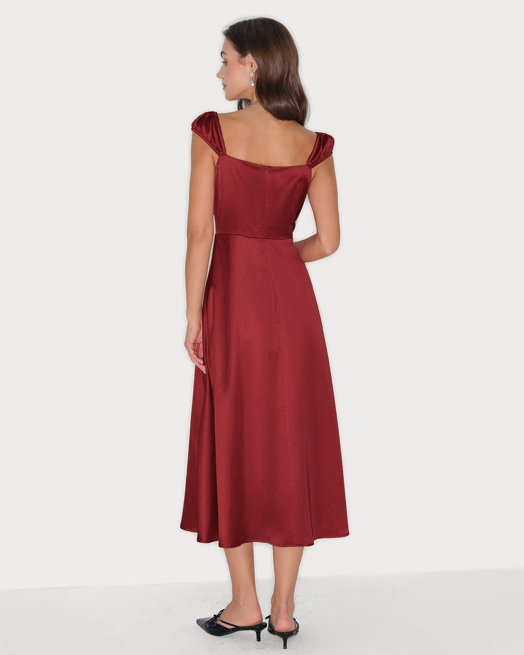 Morgan and Brooke | Satin Midi Dress for Women in Red with Sweetheart Neck