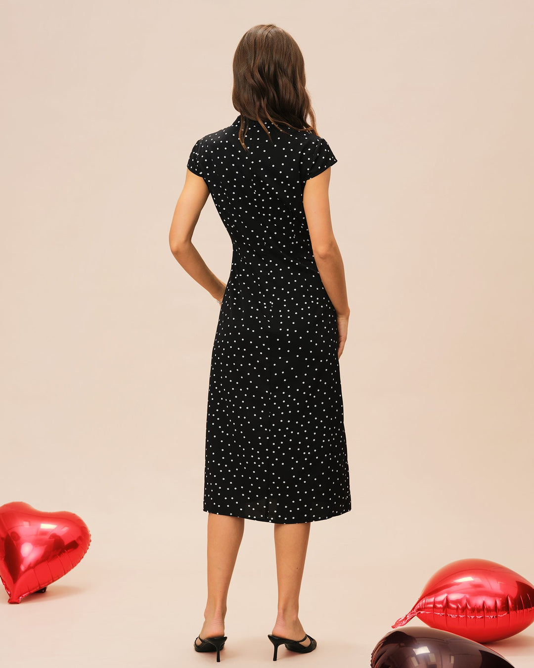 Morgan and Brooke | Black Polka Dot Midi Dress with Mandarin Collar