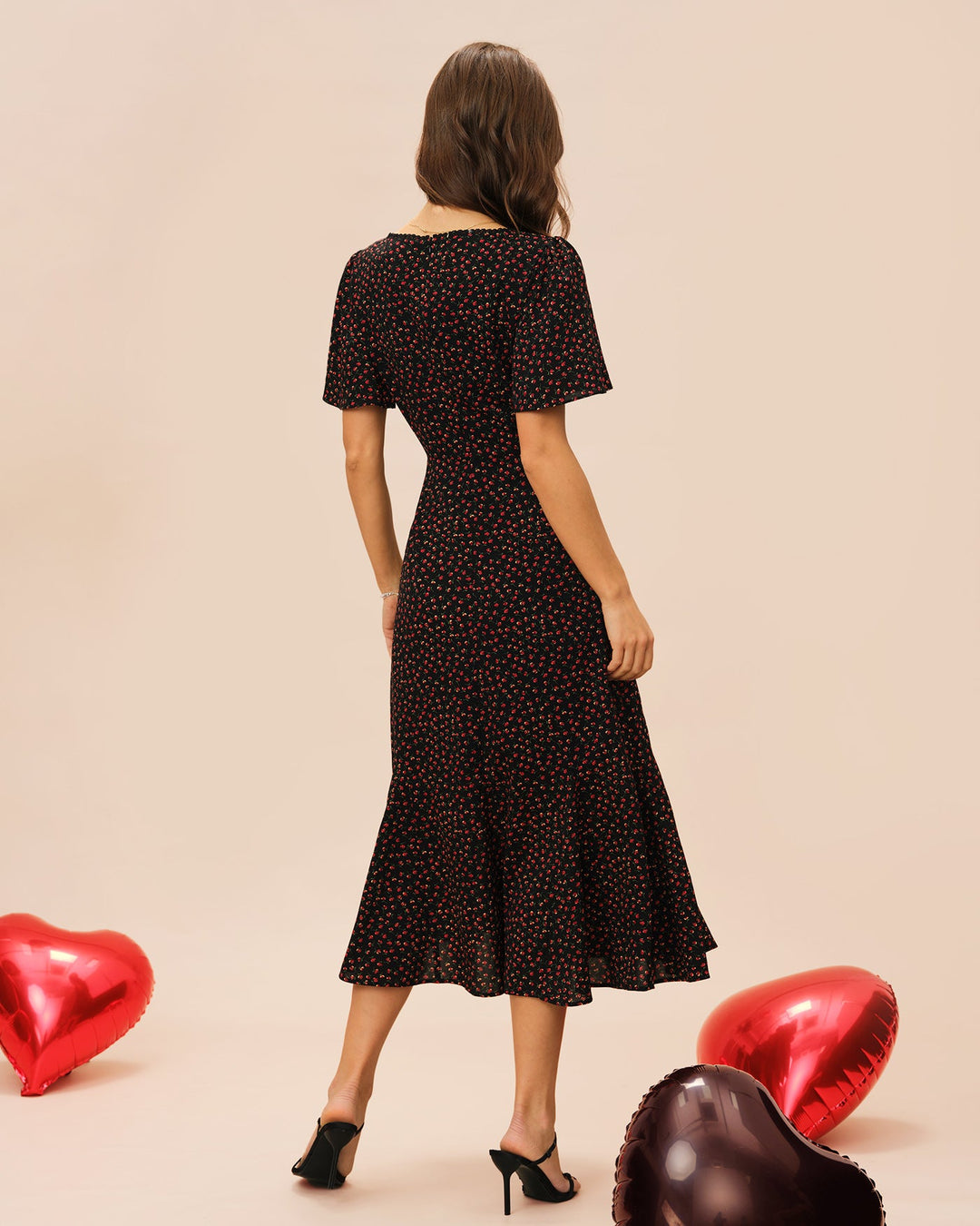 Morgan and Brooke | Black Floral Midi Dress with Square Neck and Butterfly Sleeves