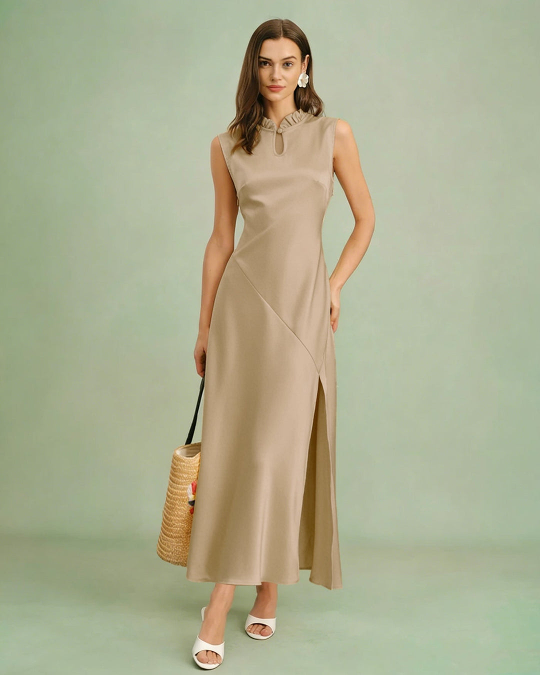 Morgan and Brooke | Ruffled Midi Dress for Women in Apricot