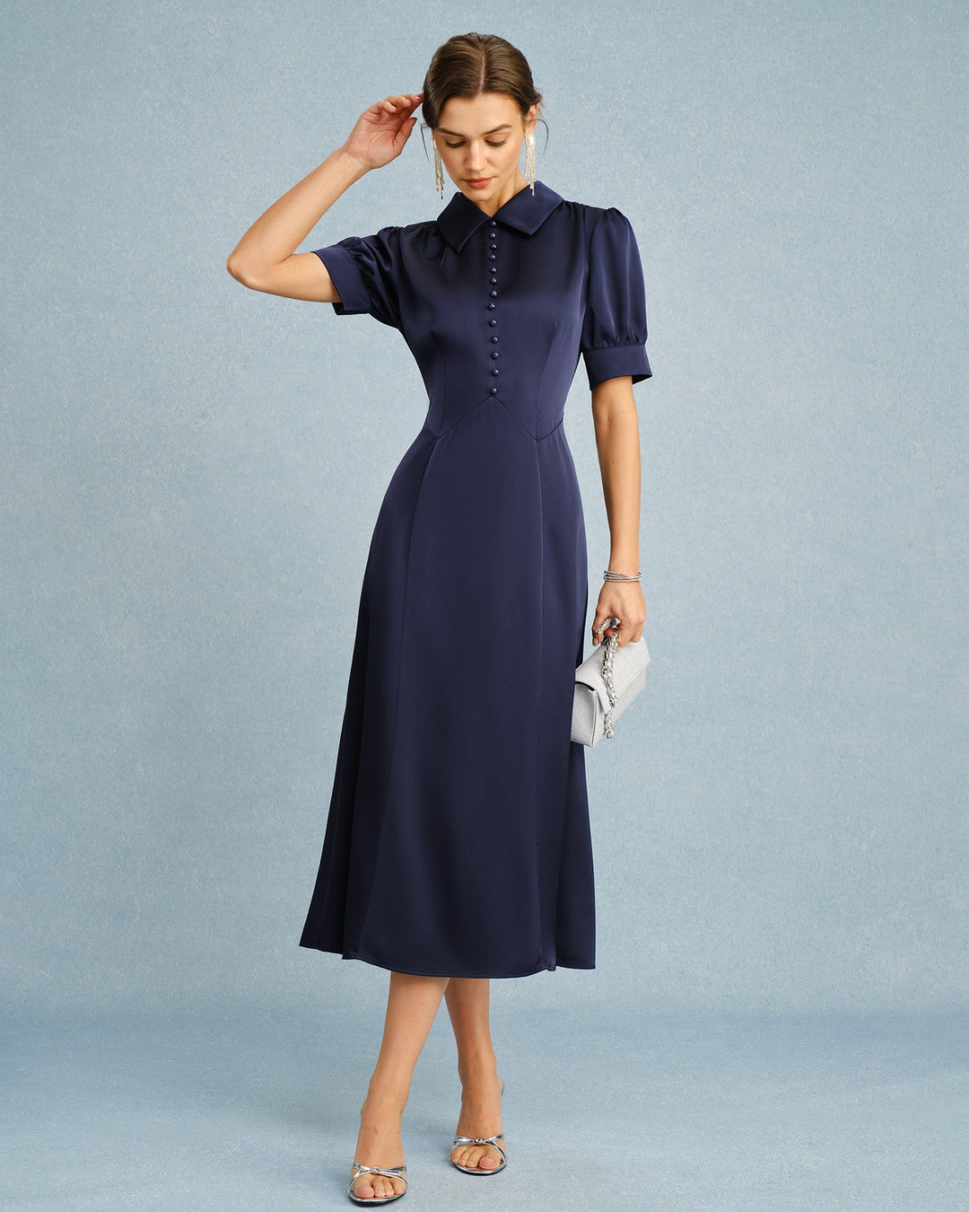 Morgan and Brooke | Satin Midi Dress for Women in Navy with Puffed Sleeves