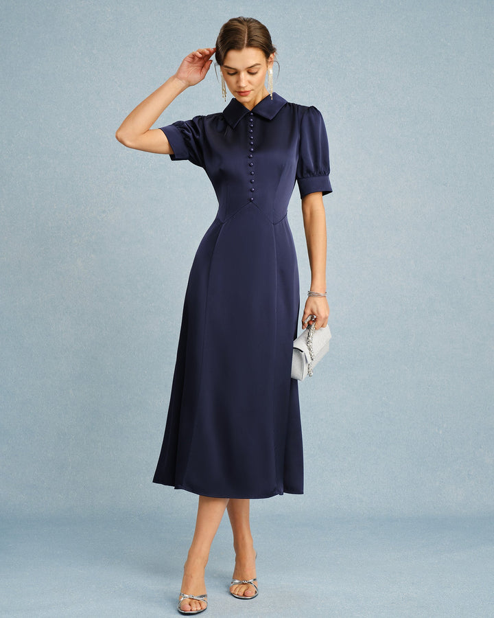 Morgan and Brooke | Satin Midi Dress for Women in Navy with Puffed Sleeves