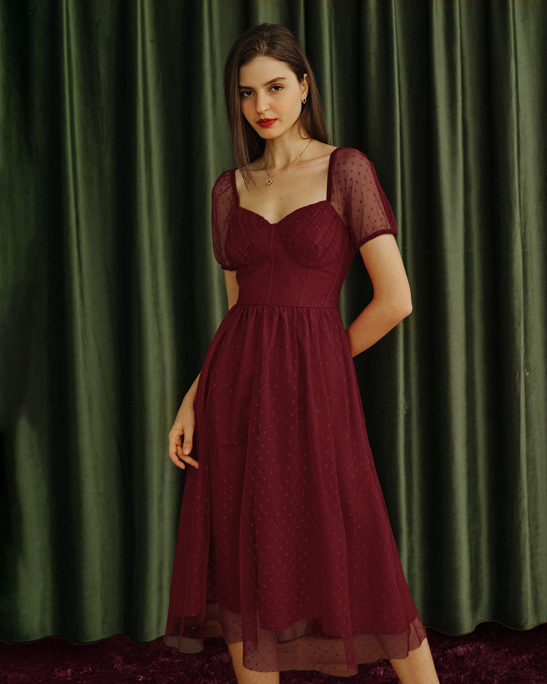 Morgan and Brooke | Sweetheart Neck Polka Dot Midi Dress in Red