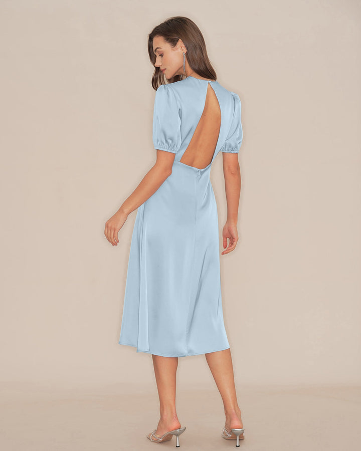 Morgan and Brooke | Satin Backless Midi Dress for Women in Blue with Puffed Sleeves