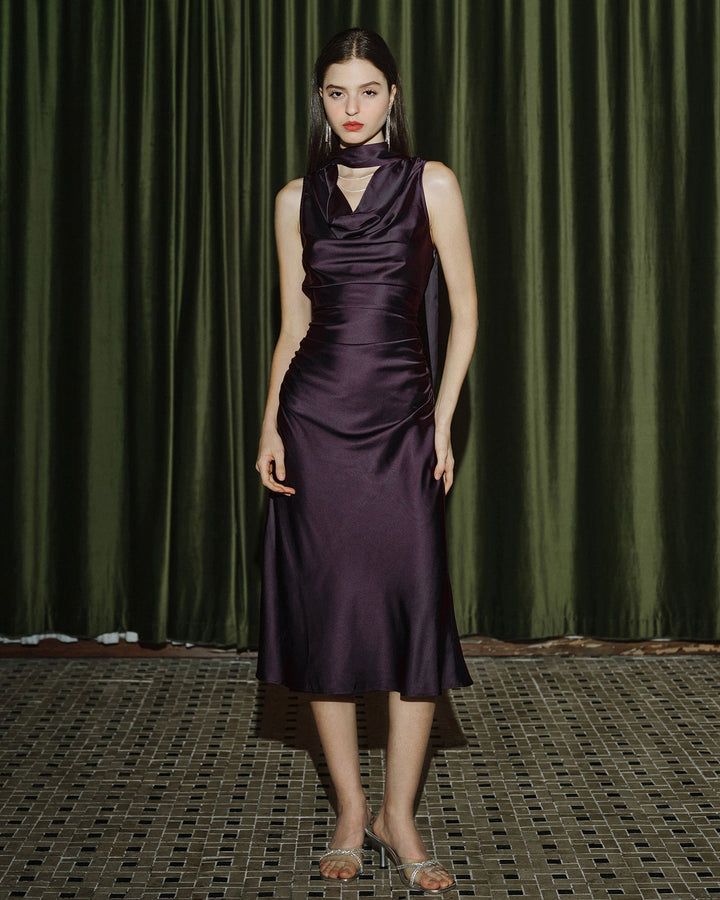 Morgan and Brooke | Satin Midi Dress for Women in Purple with Cowl Neck and Mermaid Fit