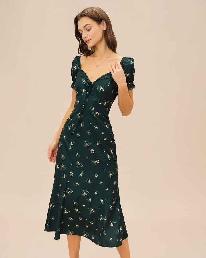 Morgan and Brooke | Floral Midi Dress for Women in Green with Puffed Sleeves