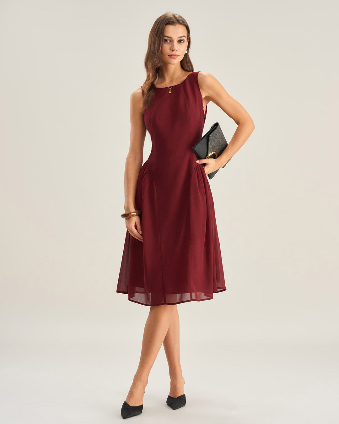 Morgan and Brooke | Chiffon Sleeveless Midi Dress in Wine Red