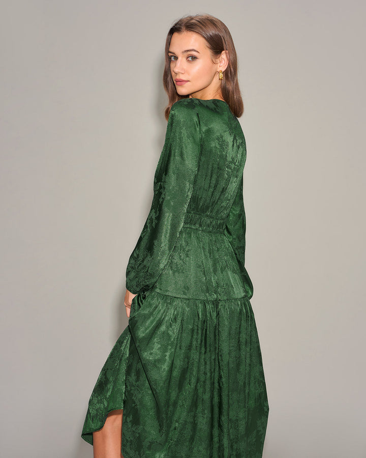 Morgan and Brooke | Jacquard Lantern Sleeve Midi Dress for Women in Green