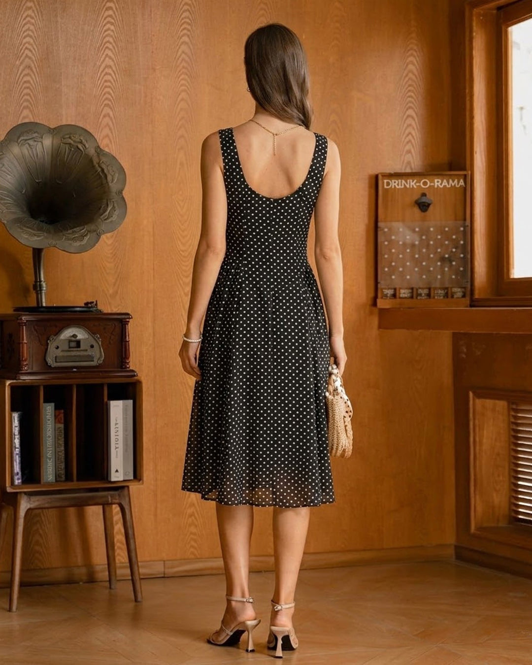 Morgan and Brooke | Chiffon Midi Dress for Women in Black Polka Dot